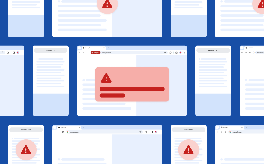 Páginas Web genéricas flutuam num fundo azul-escuro. Um pop-up vermelho com um ícone de alerta vermelho está à frente.